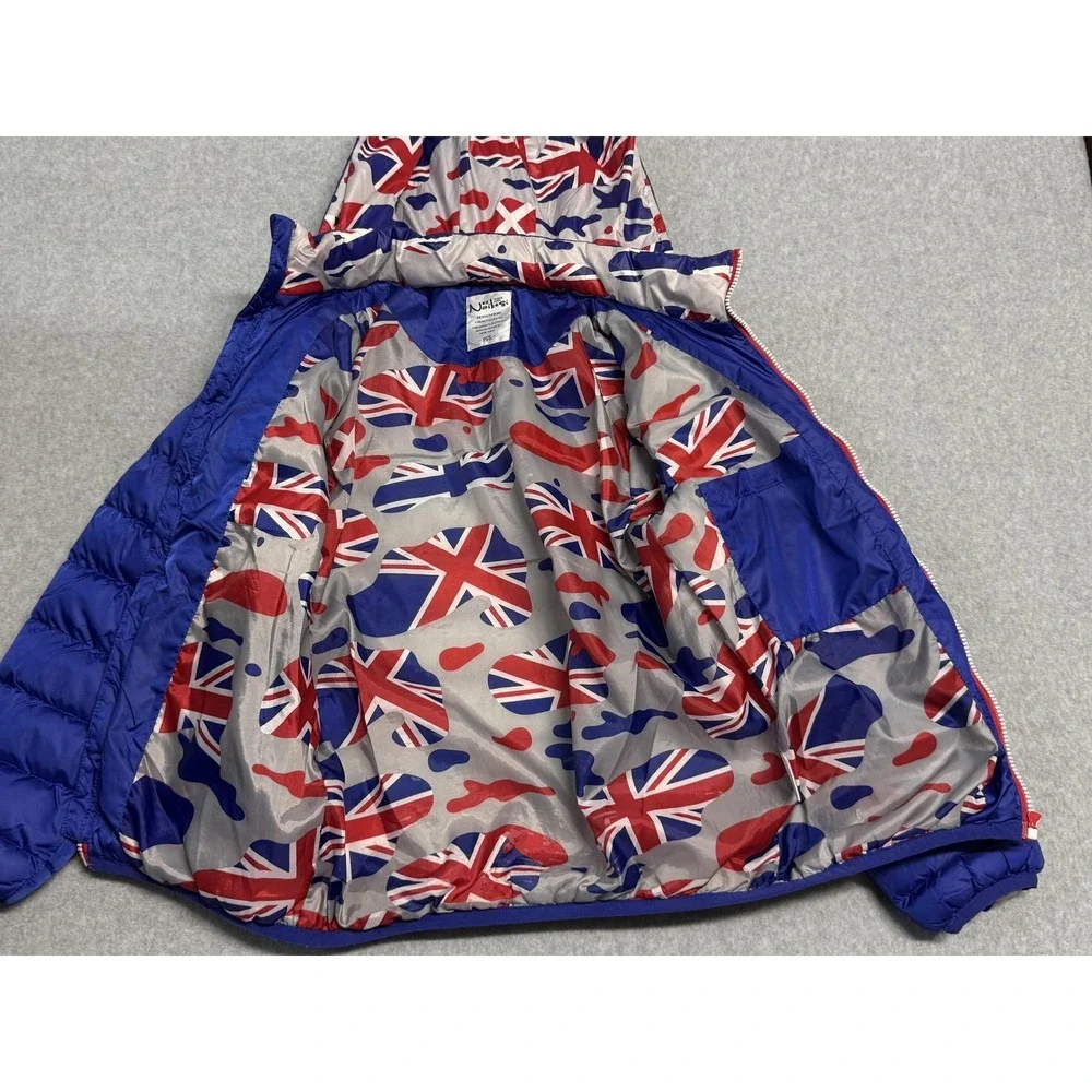 Naissi Jacket Boys 12-13 Blue Hooded Puffer Union Jack Flag Lining Zip Pockets